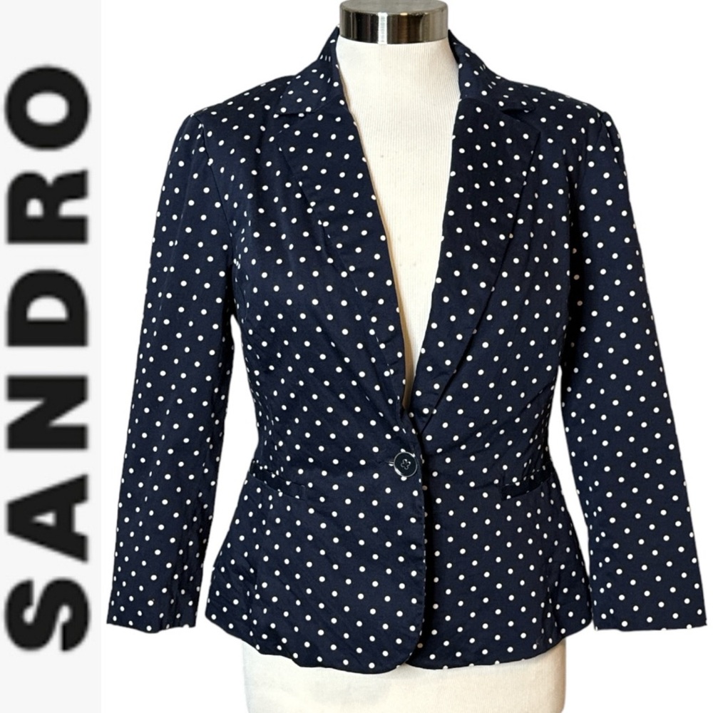 SANDRO STUDIO CAREER NAVY POLKA DOT LIGHTWEIGHT STRETCH CROPPED BLAZER